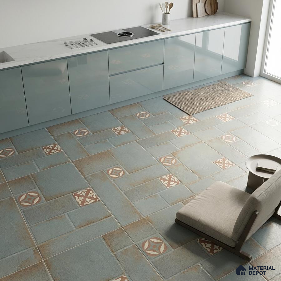 Modern kitchen with glossy pale blue laminate cabinets, white marble countertop, and blue patterned floor tiles