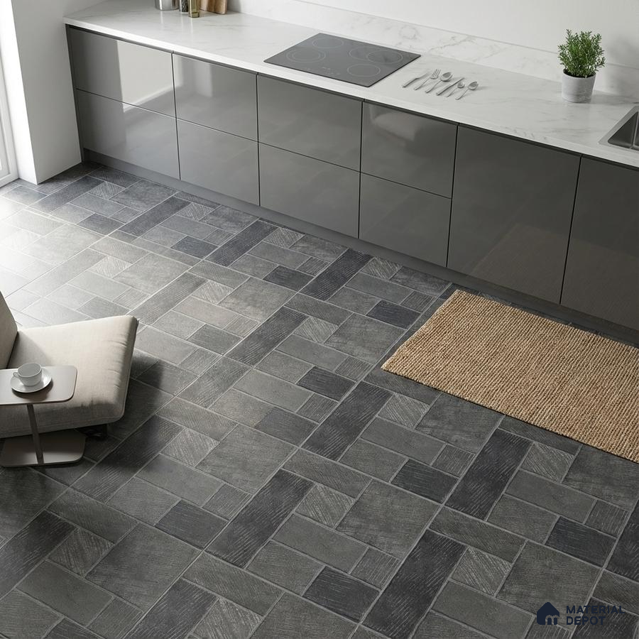 Modern kitchen with grey high gloss laminate cabinets, white marble countertop, and patterned grey stone floor tiles