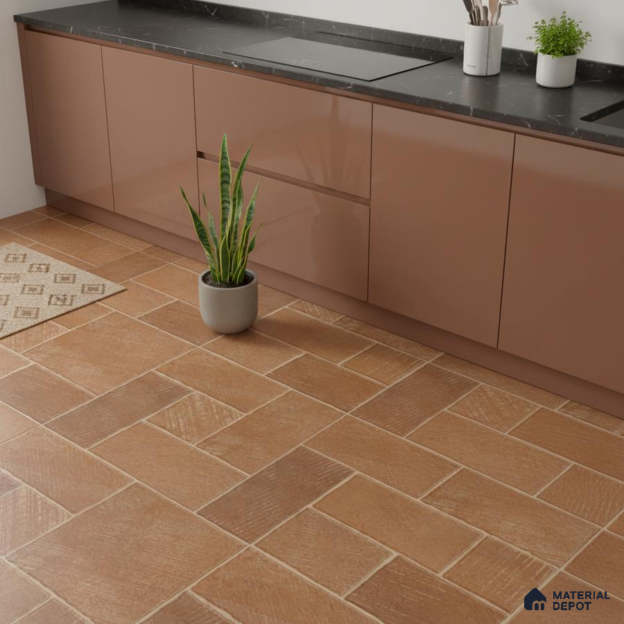 Modern kitchen with matte brown laminate cabinets, black marble countertop, and terracotta patterned floor tiles