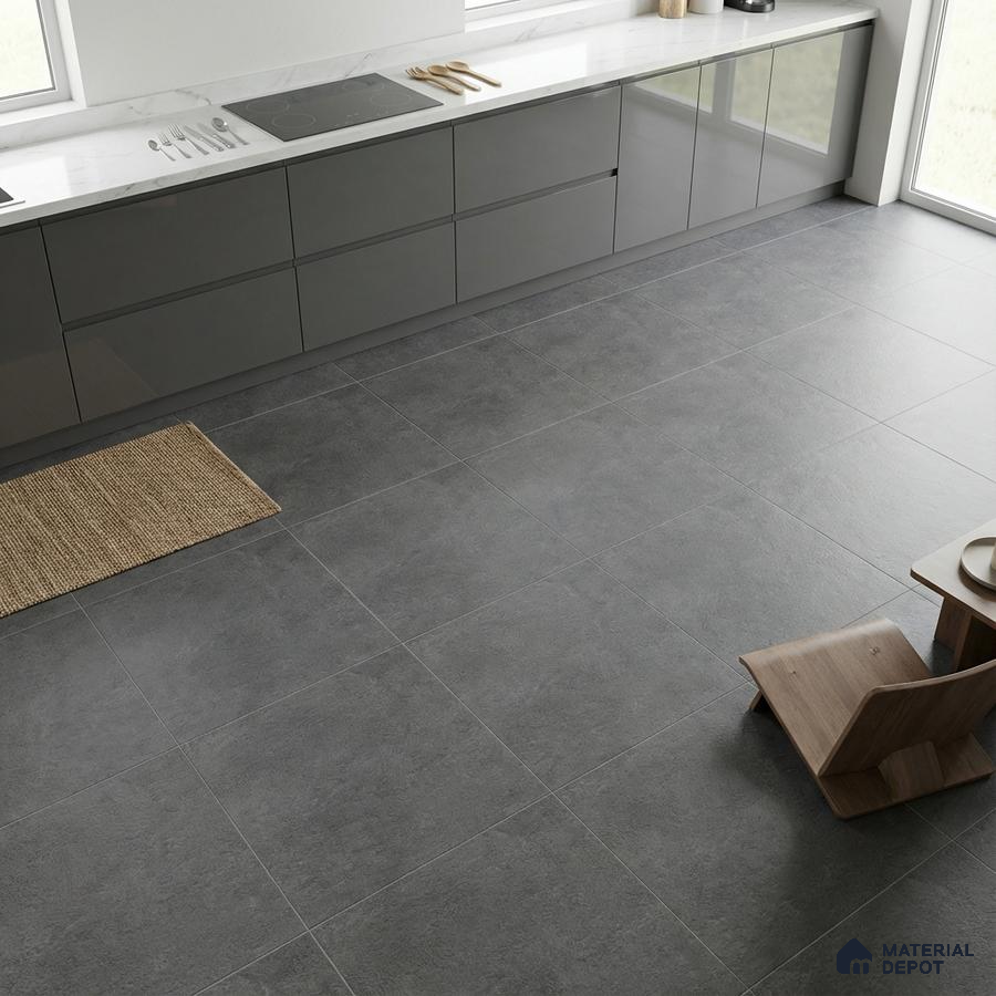 Minimalist kitchen with grey high gloss laminate cabinets and matte grey stone floor tiles