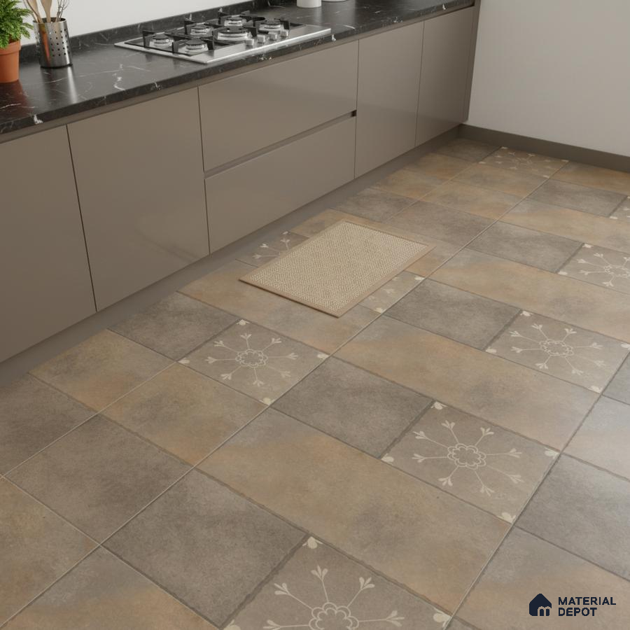 Modern kitchen with taupe laminate cabinets, black marble countertop, and patterned brown ceramic floor tiles