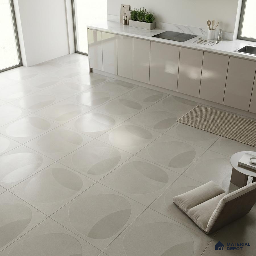 Minimalist kitchen with glossy beige laminate cabinets and geometric matte beige floor tiles