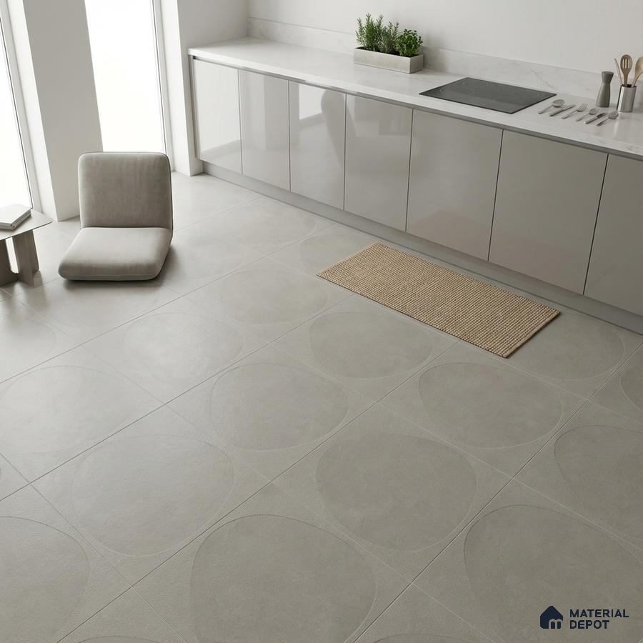 Minimalist kitchen with glossy beige laminate cabinets, white marble countertop, and large format geometric matte floor tiles