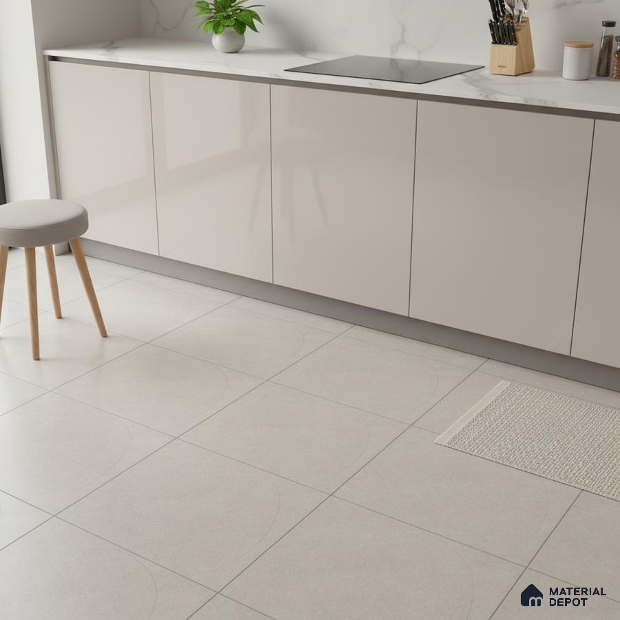 Minimalist kitchen with glossy beige laminate cabinets, white marble-look quartz countertop, and light grey matte floor tiles