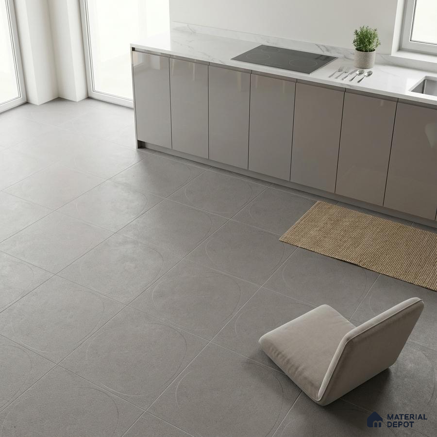 Minimalist kitchen with glossy taupe laminate cabinets, white marble-look countertop, and matte grey geometric floor tiles