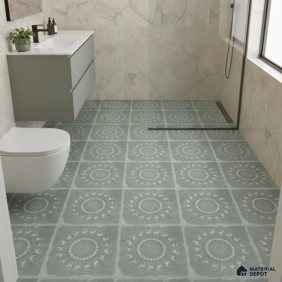 Modern bathroom with sage green patterned floor tiles and marble-look wall tiles