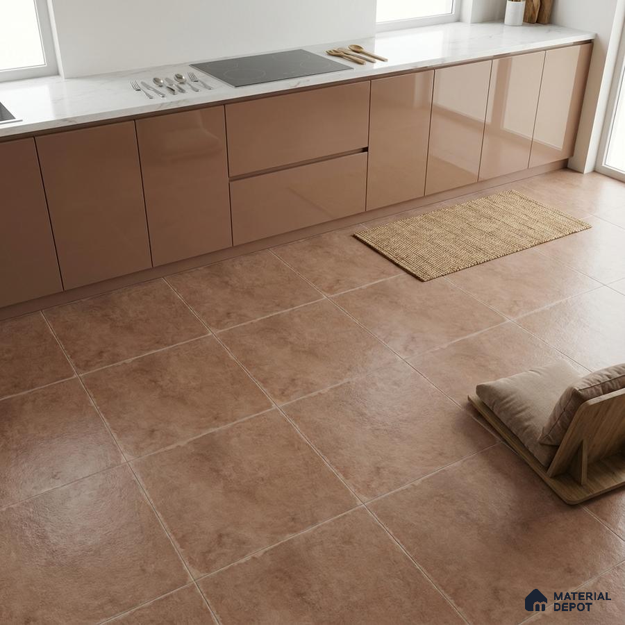 Modern kitchen with glossy beige laminate cabinets, white marble countertop, and terracotta floor tiles