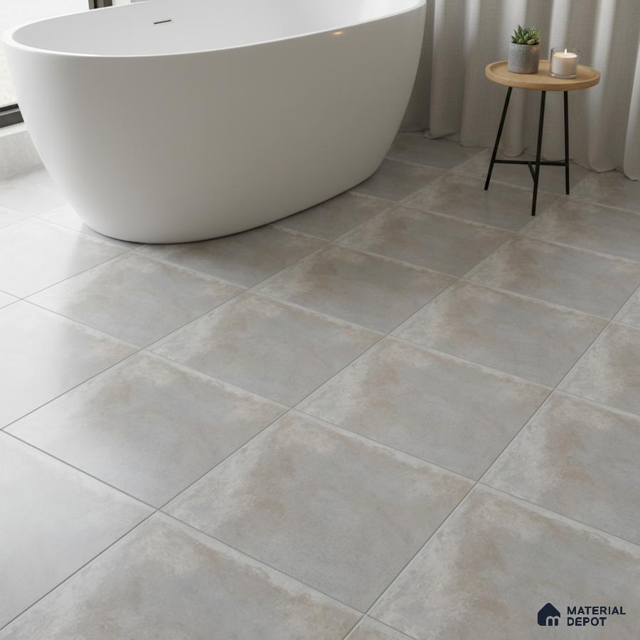 Minimalist bathroom with matte grey stone-look floor tiles and freestanding tub