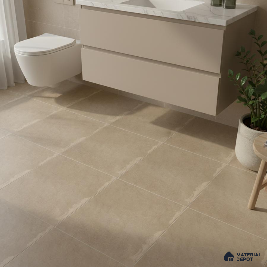 Minimalist bathroom with beige matte floor tiles and marble-look countertop vanity