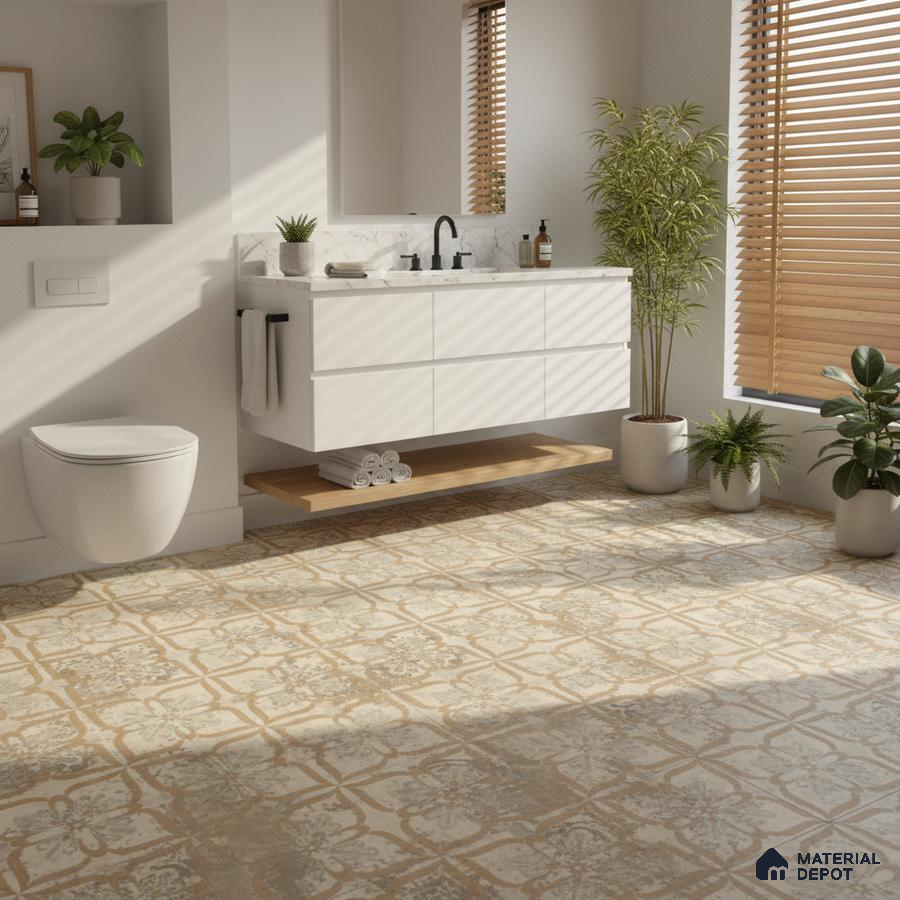 Scandinavian bathroom with white floating vanity, marble countertop, and beige patterned floor tiles