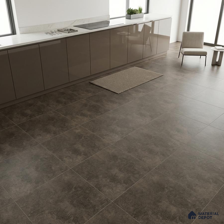 Modern kitchen with taupe high gloss laminate cabinets and matte charcoal stone-look floor tiles