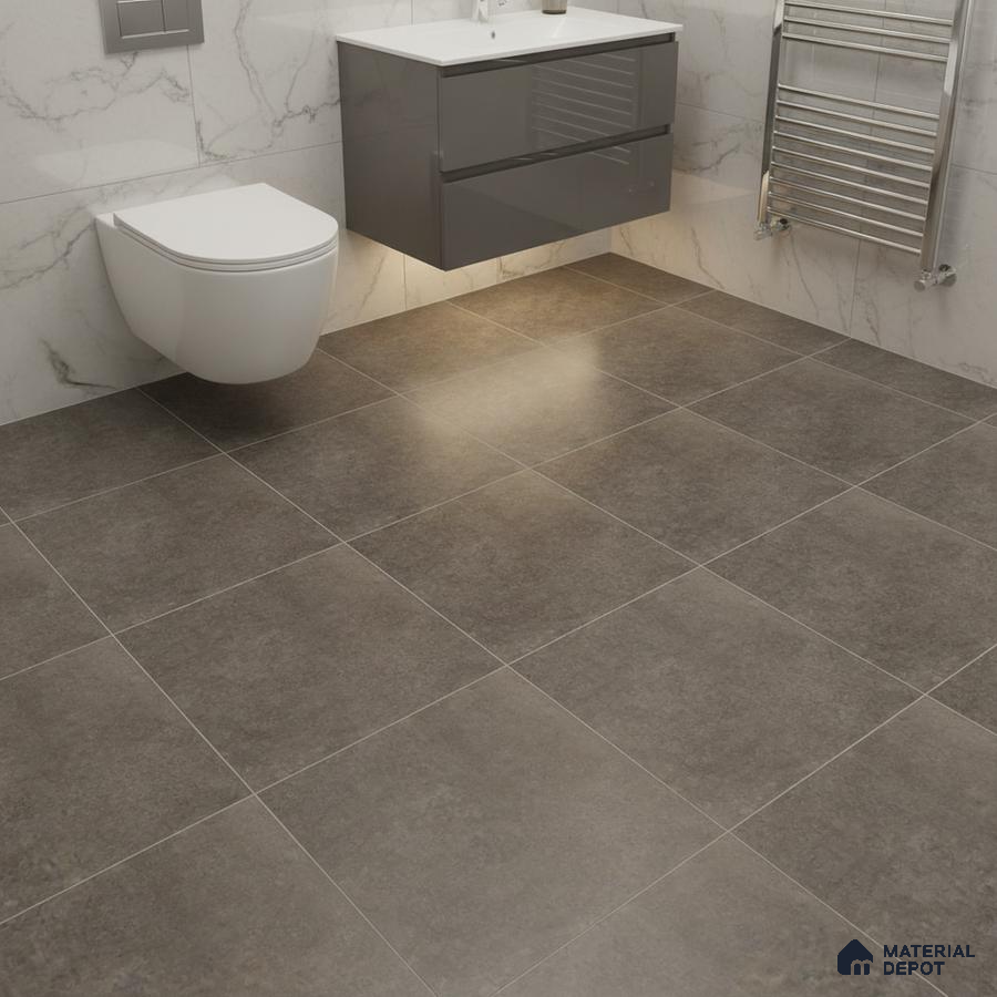Modern bathroom with grey stone floor tiles and white marble wall tiles