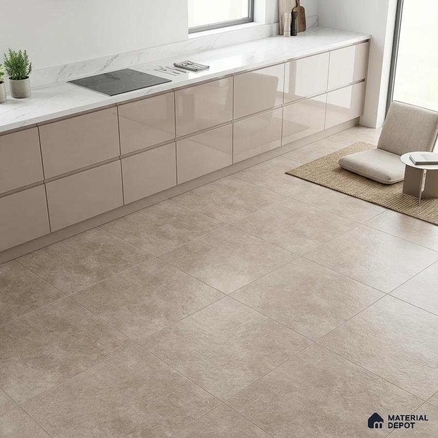 Minimalist kitchen with glossy beige laminate cabinets, white marble countertop, and matte beige stone floor tiles