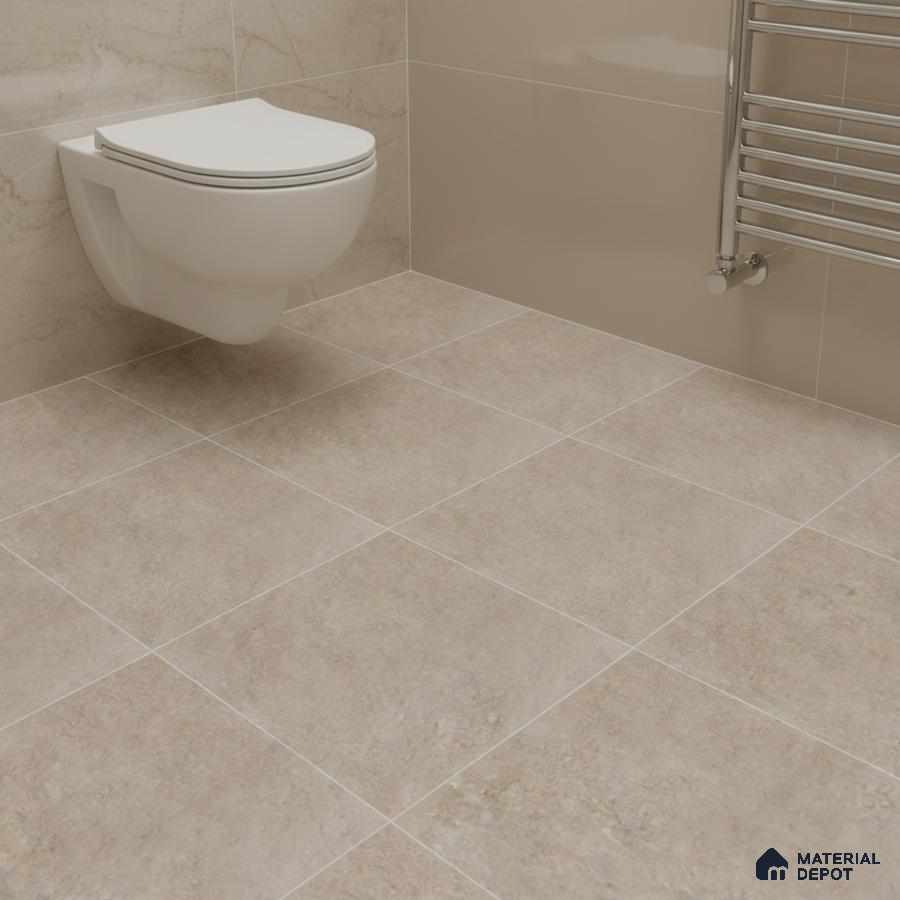 Modern bathroom with beige stone-look wall and floor tiles