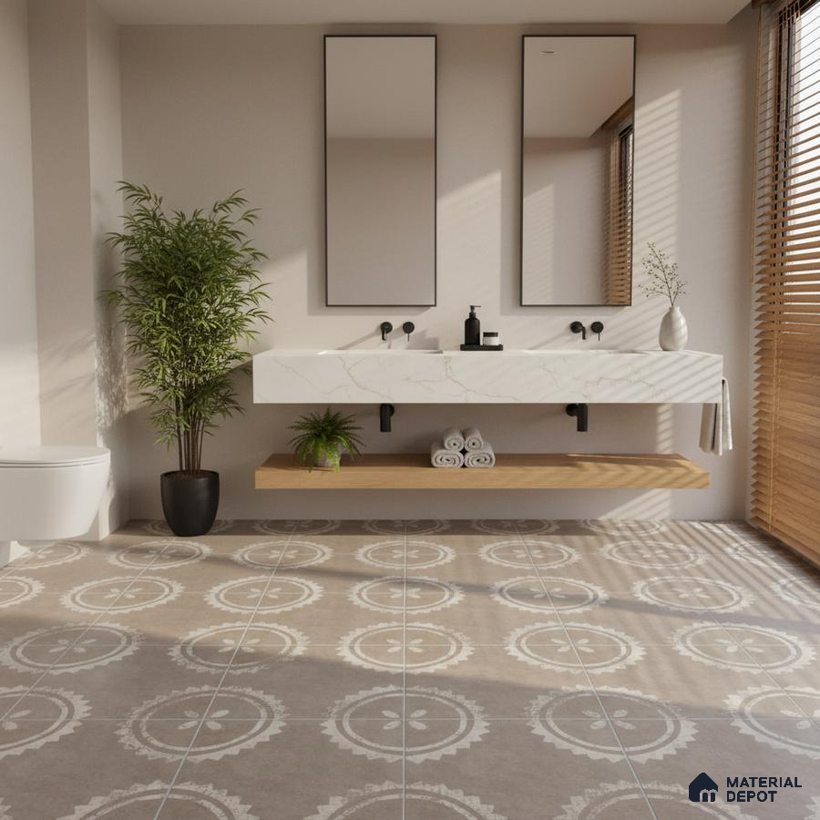 Minimalist bathroom with marble-look countertop and beige patterned floor tiles