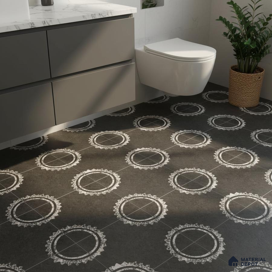 Modern bathroom with grey matte vanity, white marble countertop, and black patterned floor tiles