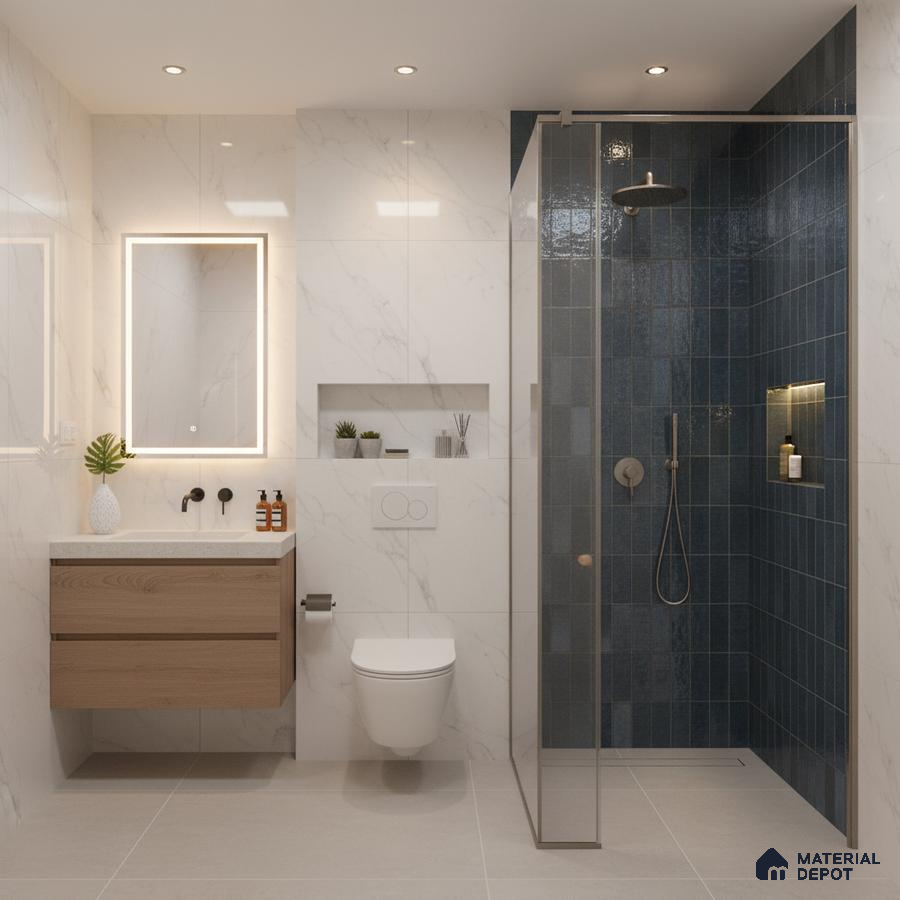 Modern bathroom with blue subway shower tiles, marble-look wall tiles, and floating wood vanity