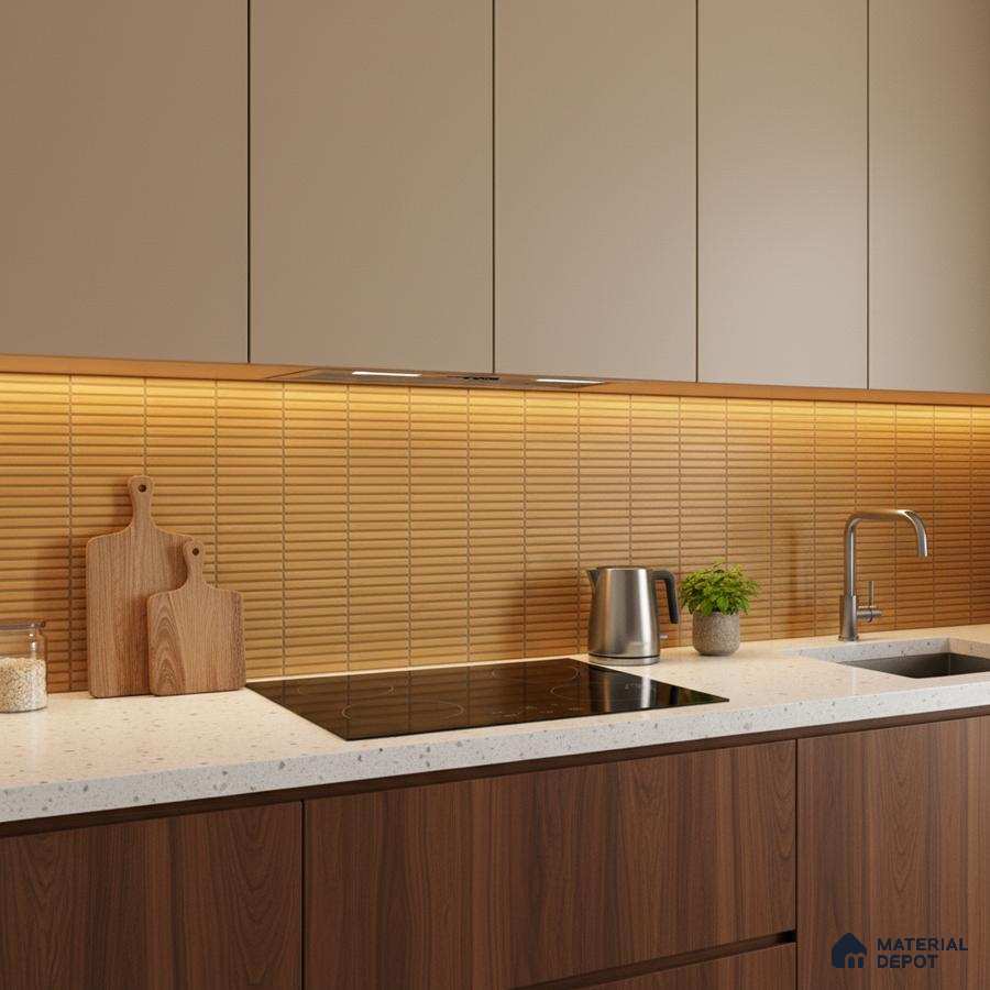 Modern kitchen with beige laminate cabinets, walnut wood base, and mustard kitkat backsplash tiles