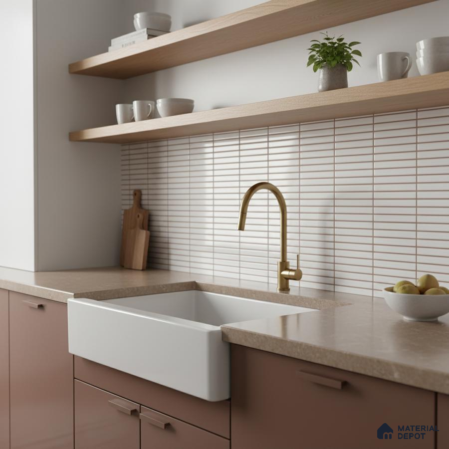 Modern kitchen with taupe laminate cabinets, beige quartz countertop, and white kitkat subway backsplash tile