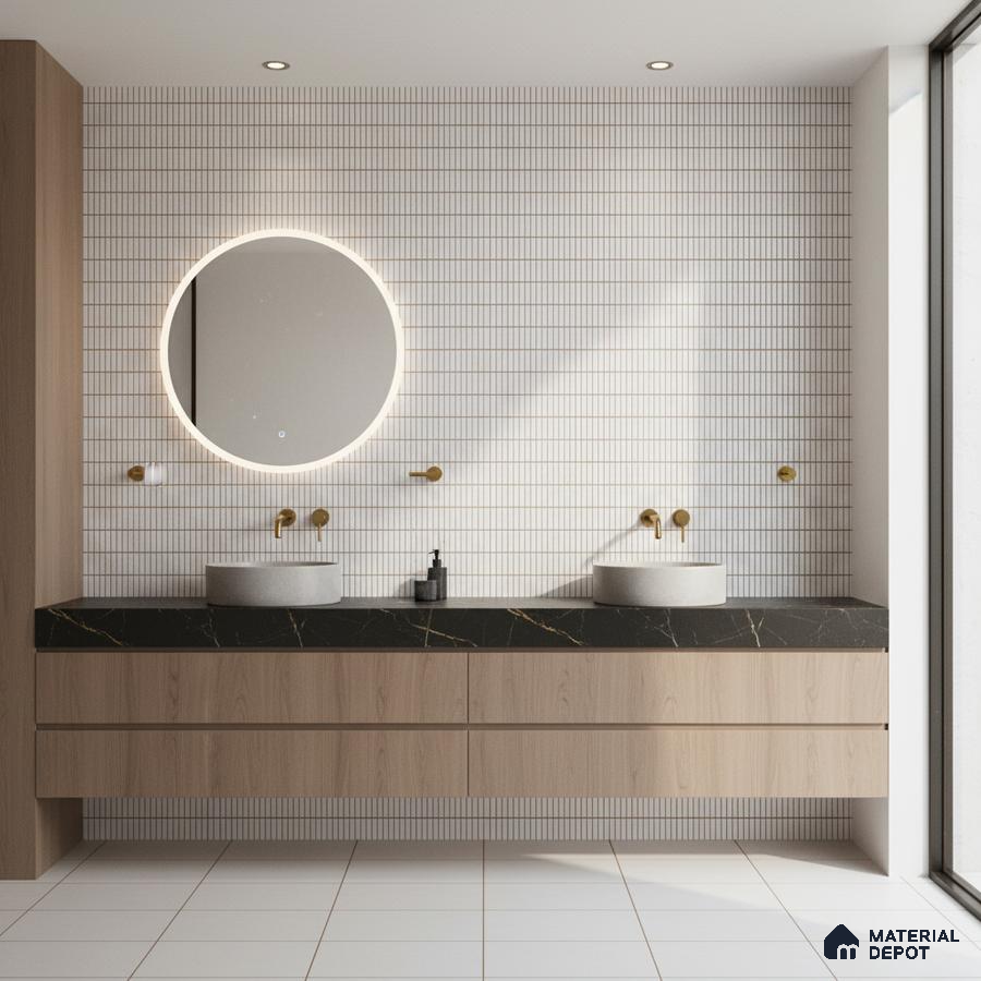 Minimalist bathroom with white kitkat wall tiles, black quartz countertop, and light oak laminate vanity