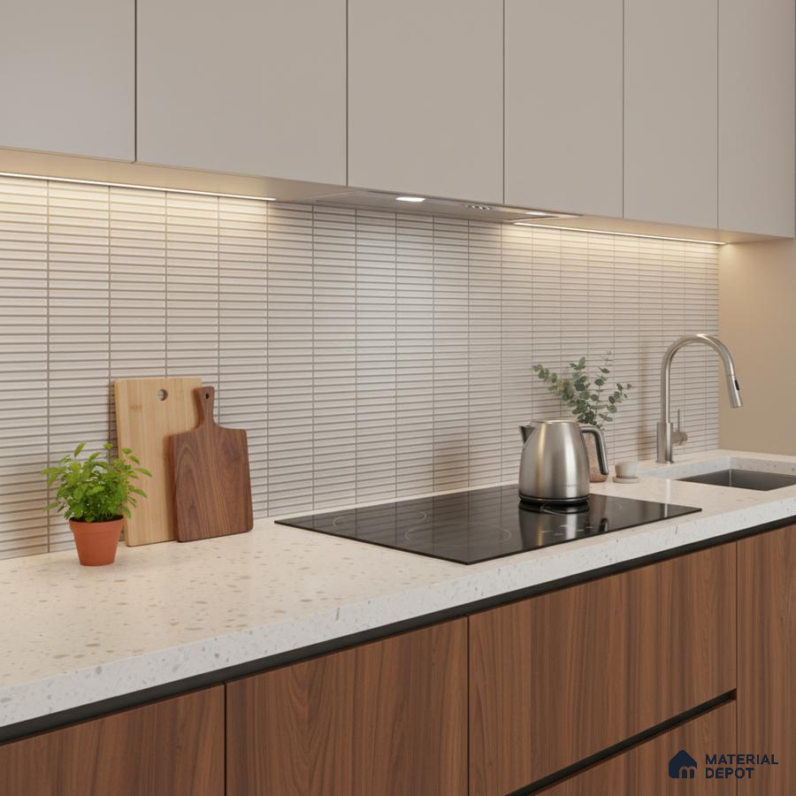 Modern kitchen with walnut wood laminate, terrazzo white quartz countertop, and linear white backsplash tile