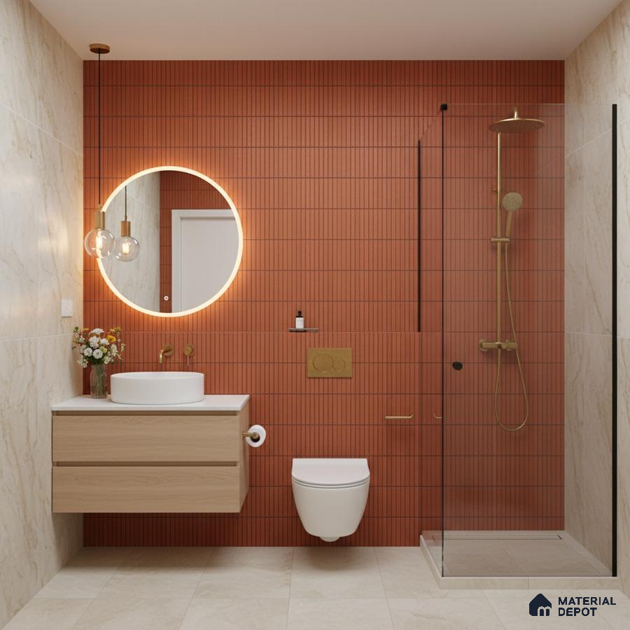 Modern bathroom with terracotta kitkat wall tiles and beige marble-look floor tiles