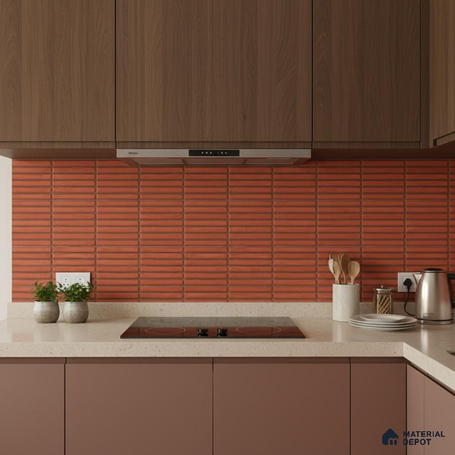 Modern kitchen with terracotta kitkat backsplash tile, walnut wood laminate, and beige quartz countertop