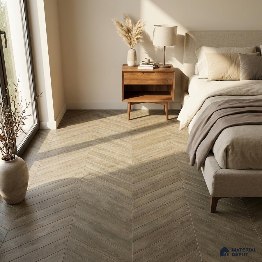 Scandinavian bedroom with chevron wood-look floor tile and natural oak nightstand