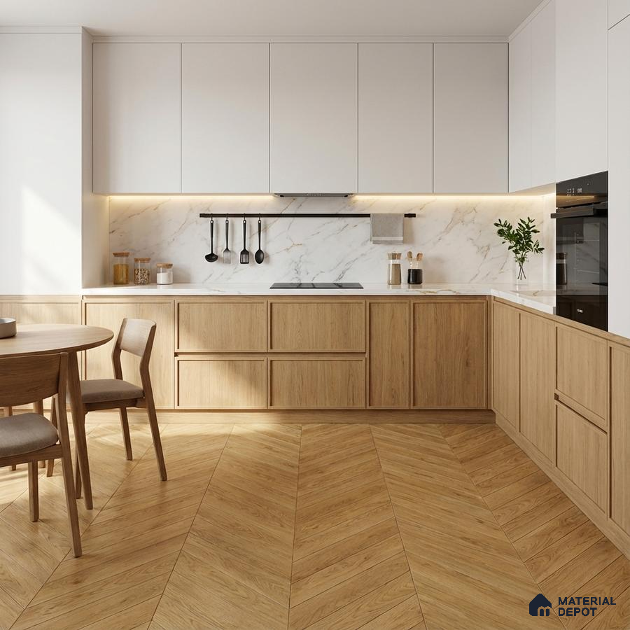 Scandinavian kitchen with oak wood laminate cabinets, white marble backsplash, and chevron wood flooring