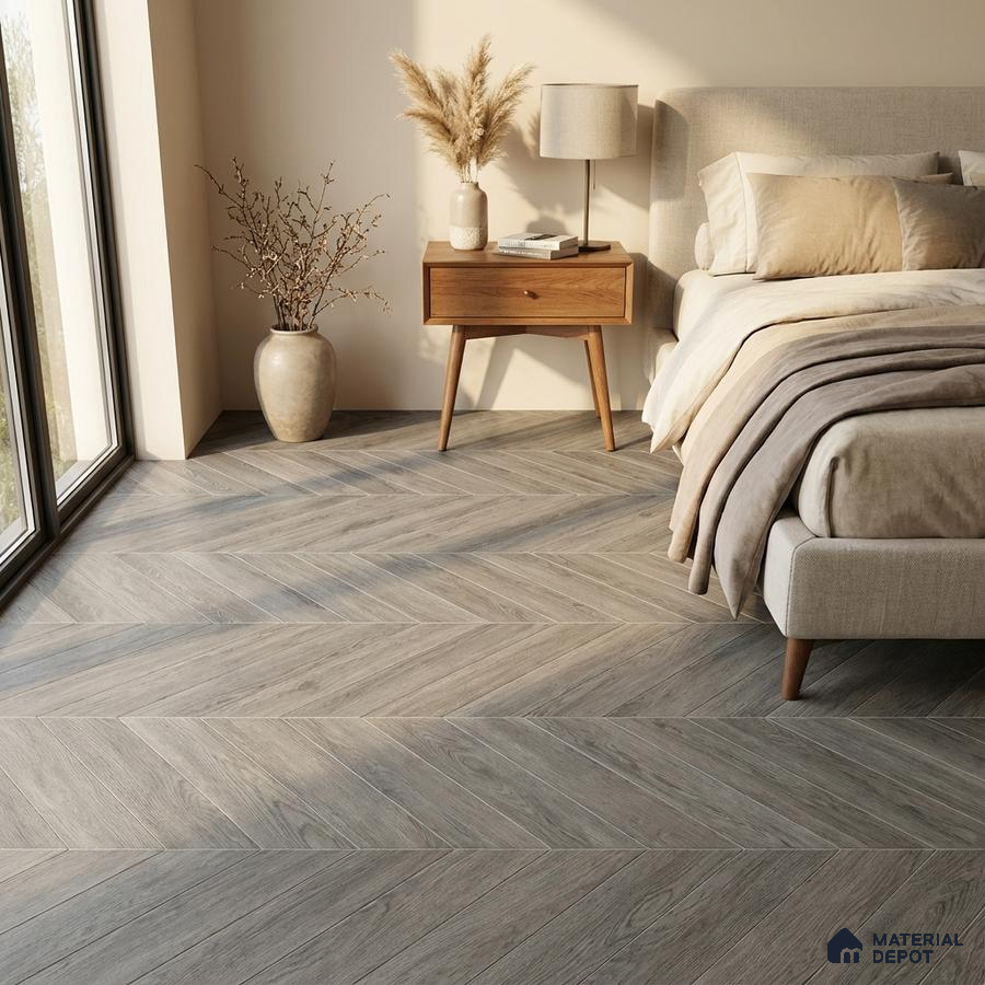 Scandinavian bedroom with grey chevron wood flooring and beige upholstered bed