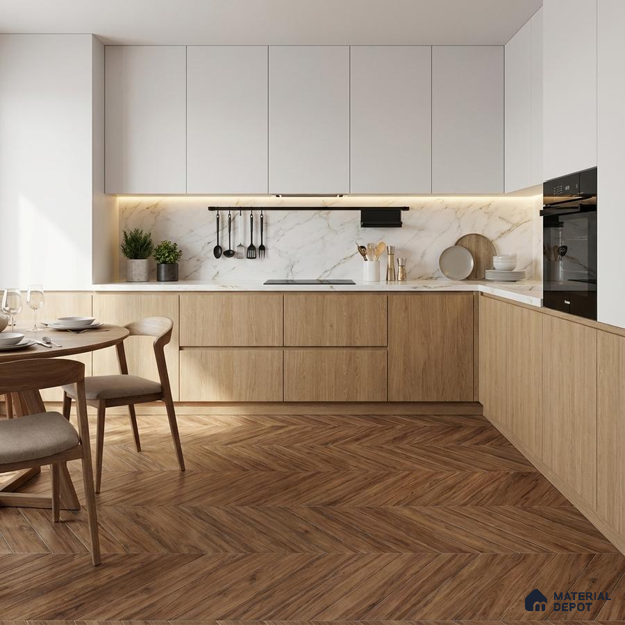Scandinavian kitchen with oak wood laminate, white marble backsplash, and herringbone wood floor tile