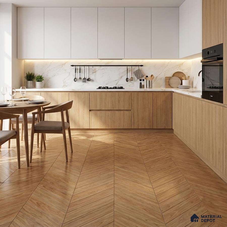 Scandinavian kitchen with oak wood laminate, white marble backsplash, and chevron wood floor tile
