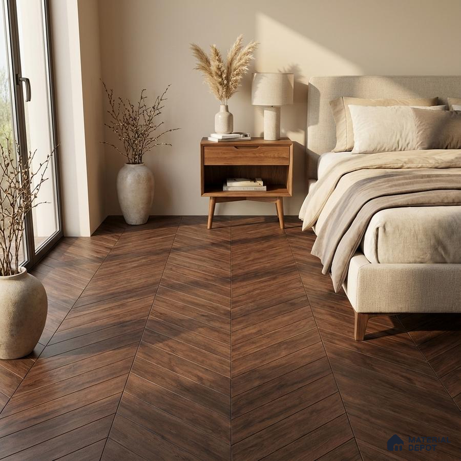 Mid-century modern bedroom with chevron walnut wood flooring and beige upholstered bed