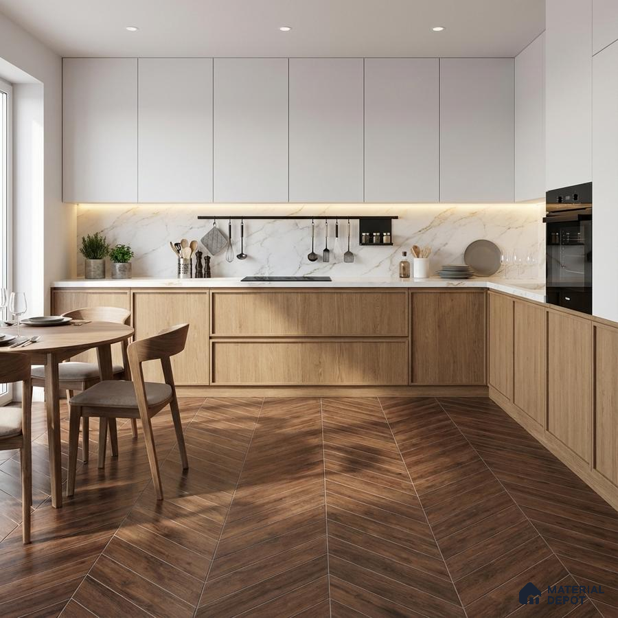 Scandinavian kitchen with white laminate cabinets, natural oak wood laminate, marble backsplash, and chevron wood floor tile