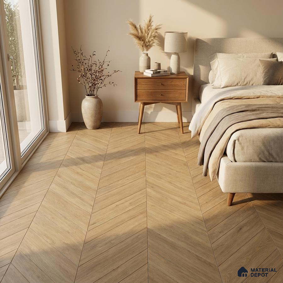 Scandinavian bedroom with chevron oak wood flooring and beige fabric bed