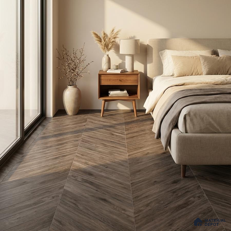 Scandinavian bedroom with chevron wood-look floor tile and beige upholstered bed