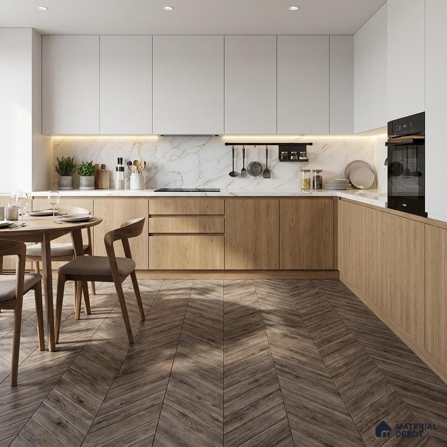 Scandinavian kitchen with oak wood laminate, white solid laminate, marble backsplash, and herringbone wood floor tile