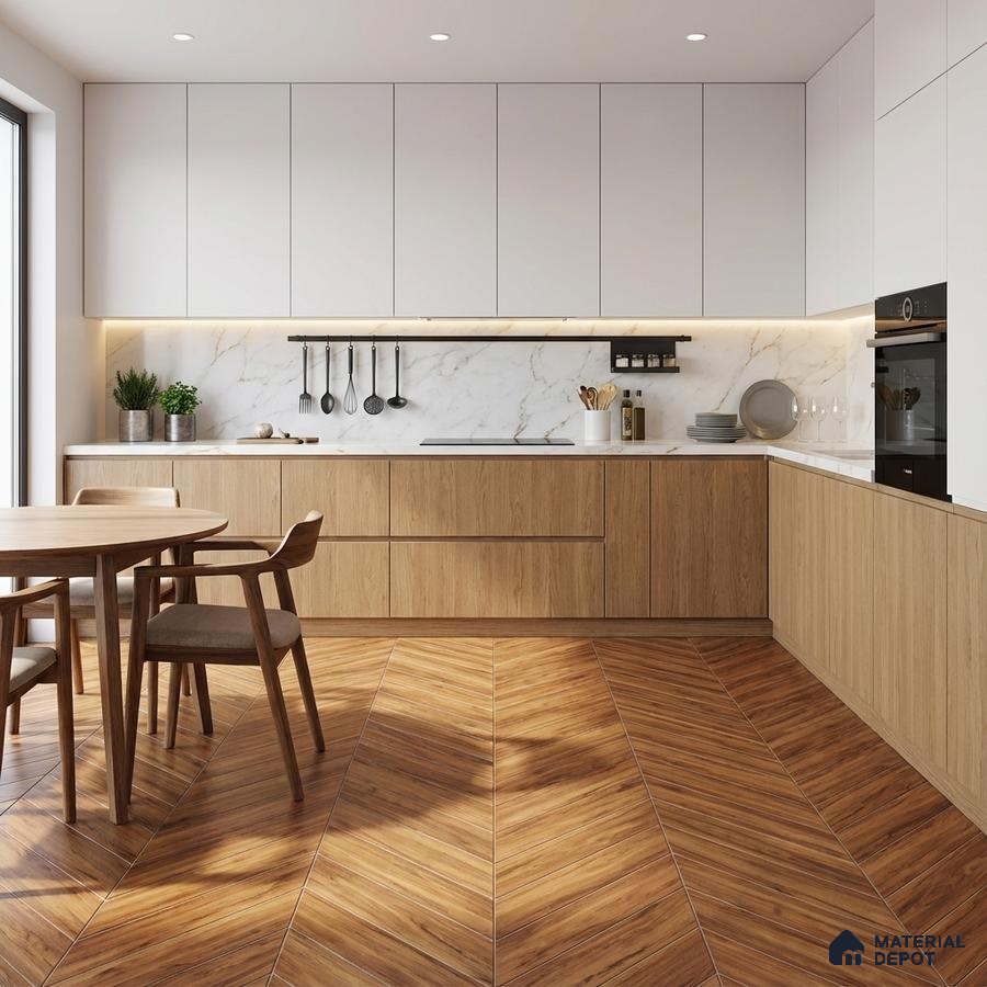 Scandinavian kitchen with white laminate, natural oak laminate, marble backsplash, and chevron wood-look floor tile