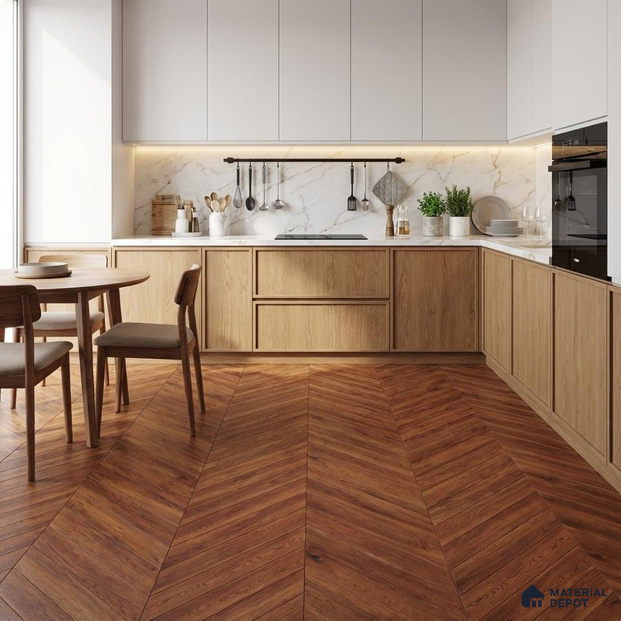 Scandinavian kitchen with oak wood laminate cabinets, white marble backsplash, and chevron wood flooring
