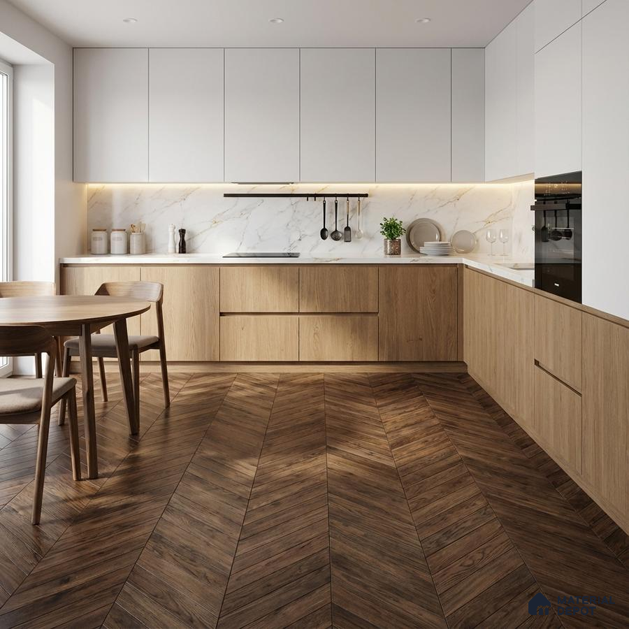 Scandinavian kitchen with white laminate cabinets, light oak wood laminate, marble backsplash, and chevron wood flooring