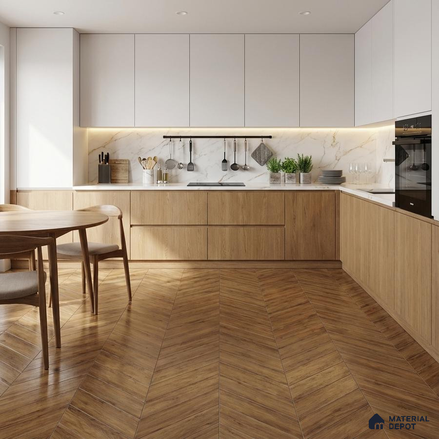 Scandinavian kitchen with oak wood laminate, white solid laminate, marble backsplash, and chevron wood floor tile