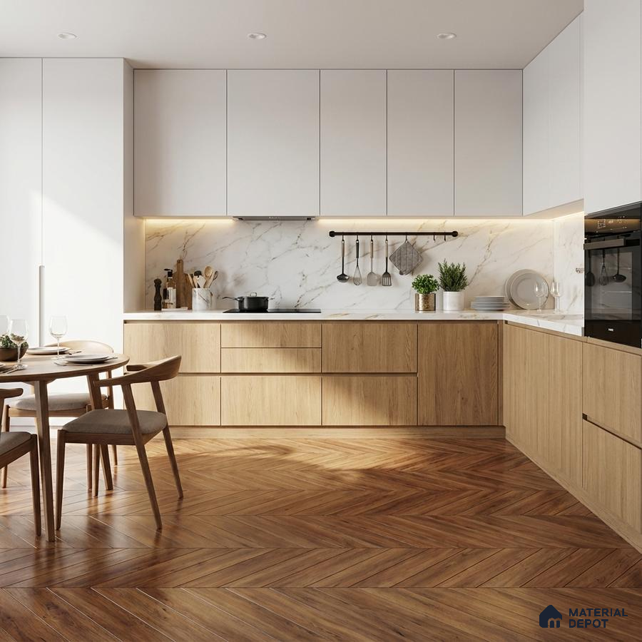 Scandinavian kitchen with oak wood laminate, white marble backsplash, and herringbone wooden flooring