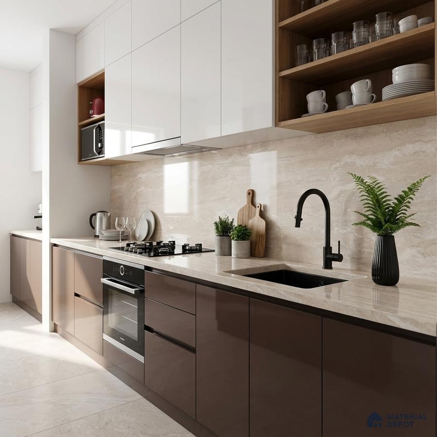 Modern kitchen with glossy brown and white laminate, beige marble backsplash, and countertop