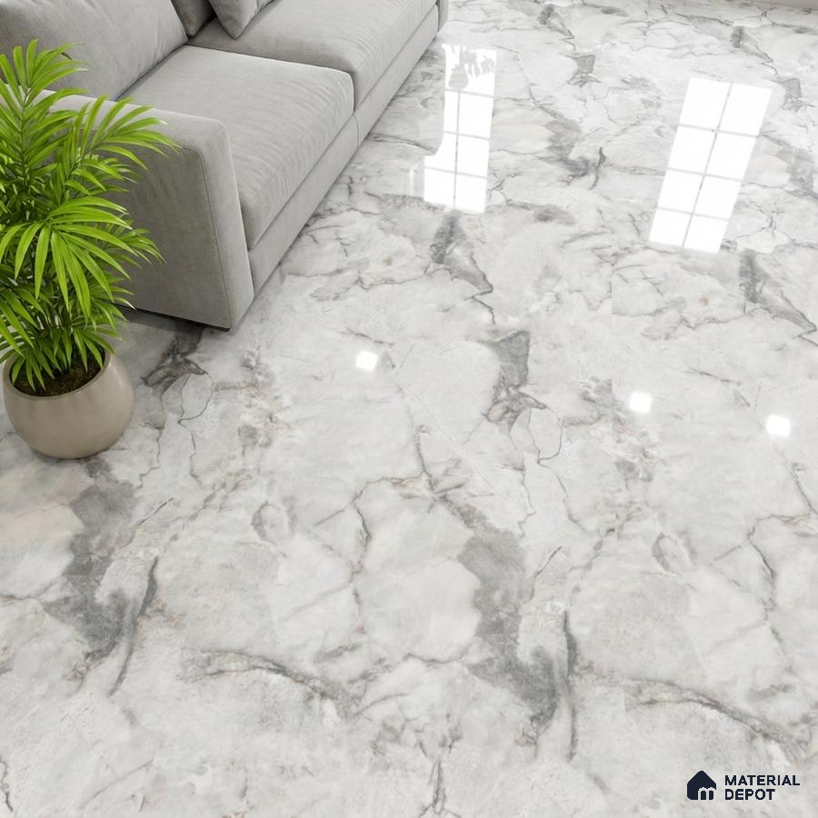 Modern living room with high gloss white marble look floor tiles