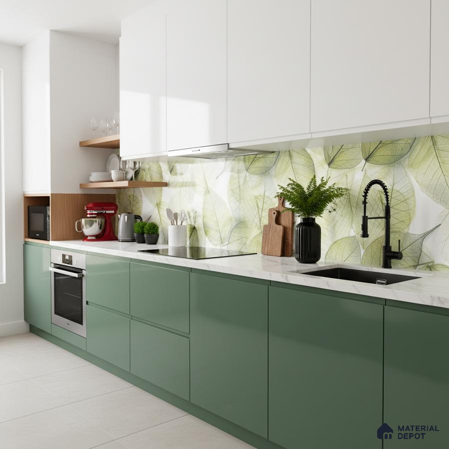 Modern kitchen with sage green laminate, white quartz countertop, and leaf-patterned backsplash tile