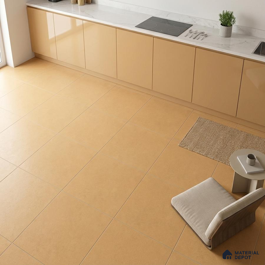 Minimalist kitchen with beige high gloss laminate cabinets and matte beige floor tiles