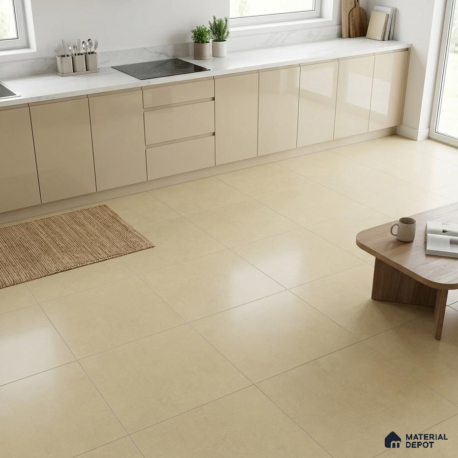 Modern kitchen with beige high gloss laminate cabinets and cream matte floor tiles
