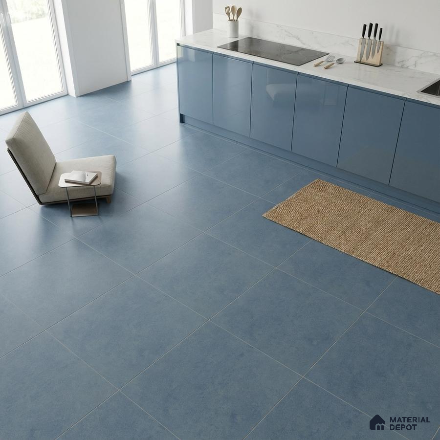 Minimalist kitchen with blue glossy laminate cabinets and blue matte floor tiles