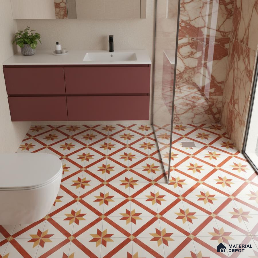 Modern bathroom with maroon vanity, red marble wall tiles, and geometric patterned floor tiles
