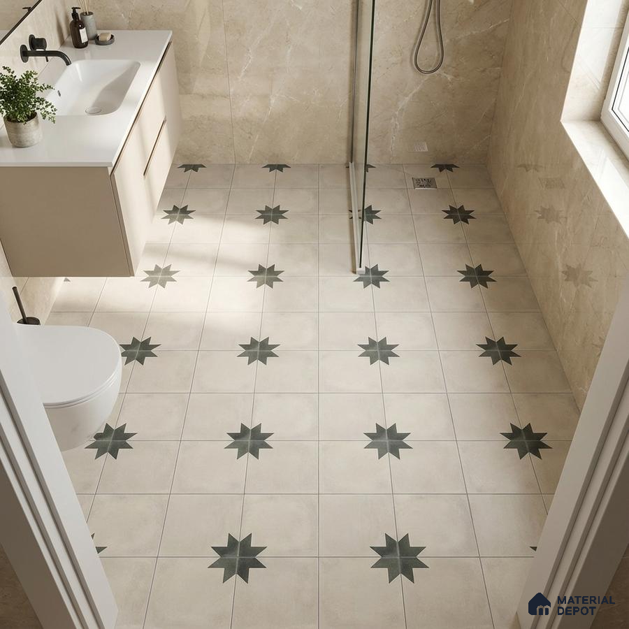 Modern bathroom with beige marble wall tiles and star patterned floor tiles
